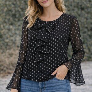 Black Silk Polka Dot Blouse XS | Metallic Long Sleeve Bow Tie Workwear Top